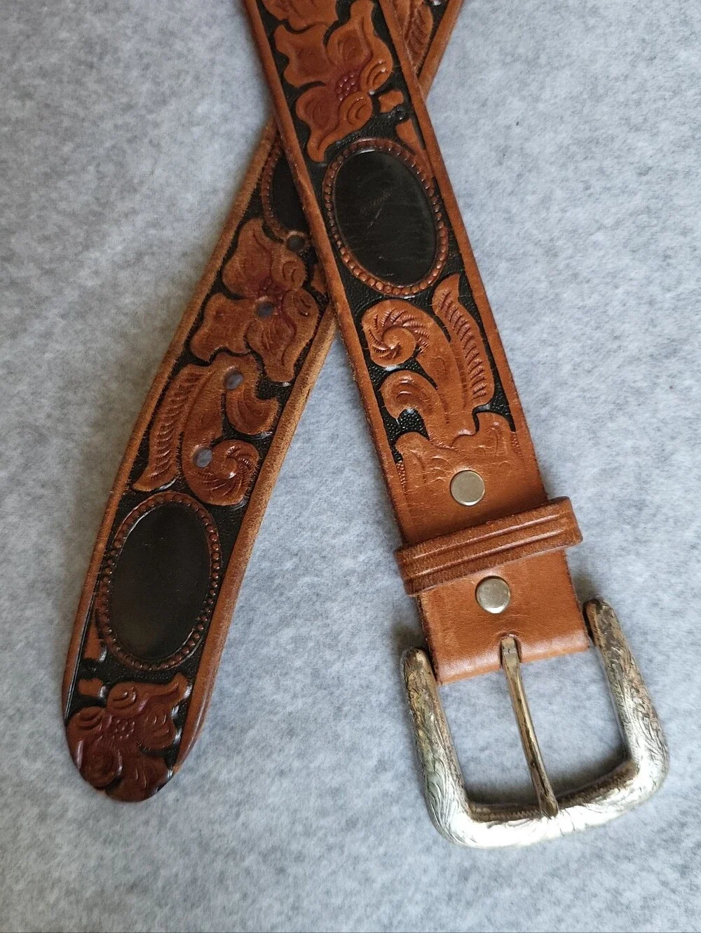 Vintage Looper Western Belt Mens 38 Brown Leather Embossed Tooled Handmade USA